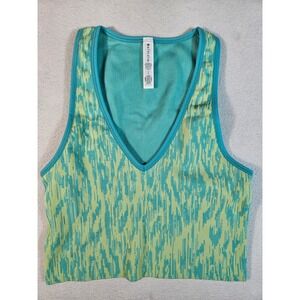 Athleta Aurora Crop Tank Teal Lime Green Abstract Ribbed V-Neck Top Small NEW